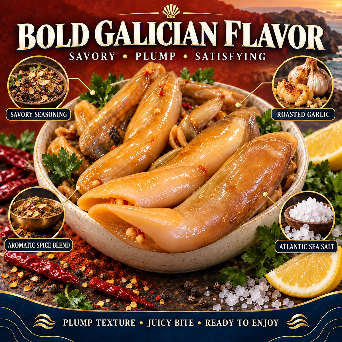 🌊 Premium Galician Golden-Center Spicy Razor Clams – Plump, Tender, Never Fishy & Mild Enough for the Whole Family-H1